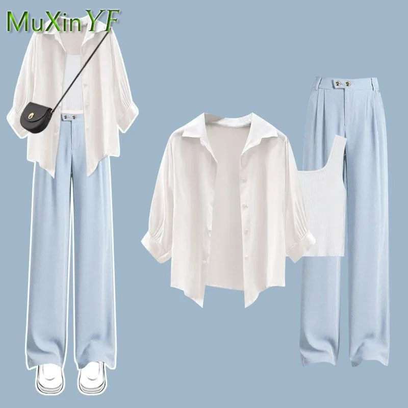 

Women's 2025 Spring Summer New Tracksuit Matching Set Korean Elegant Shirt+Vest+Suit Pants 3-Piece Female Chic Clothing Suits