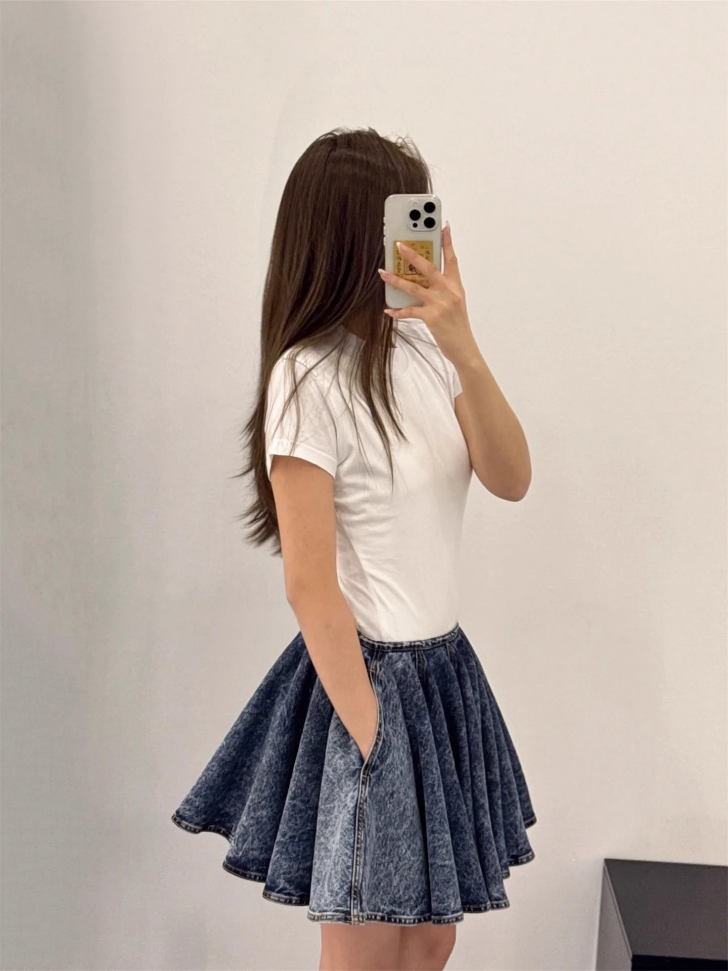 

Women Mini Denim Skirt High Waist Big Swing Pleated Casual Female Jupe