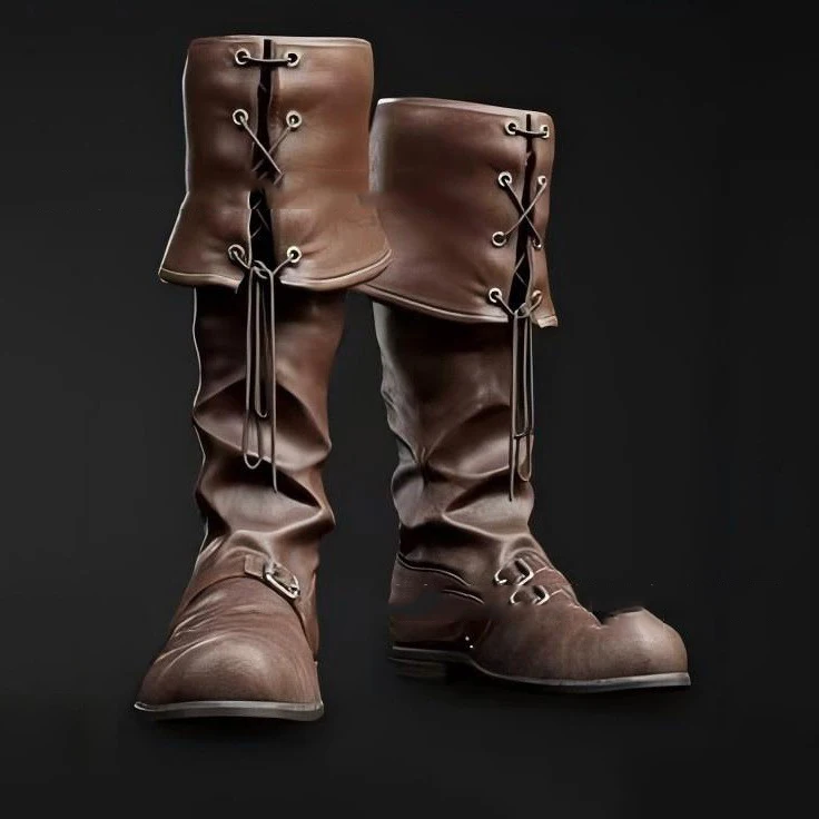 Men Faux Leather Pirate Knee High Boots Fold Over Cuff Lace Up Footwear Renaissance Medieval Cosplay Party Costume Shoes 2026