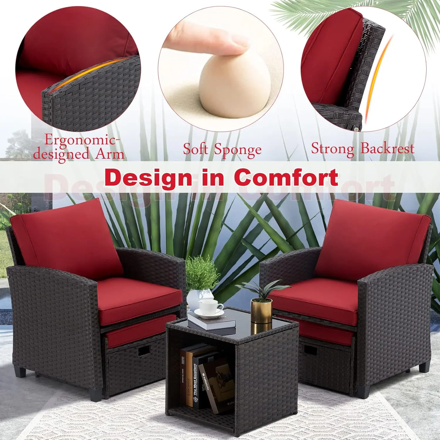 5Pcs Patio Set, Wicker Outdoor Sectional with Cushions, Includes Coffe Table and Ottomans, Furniture for Pool, Garden, Patio