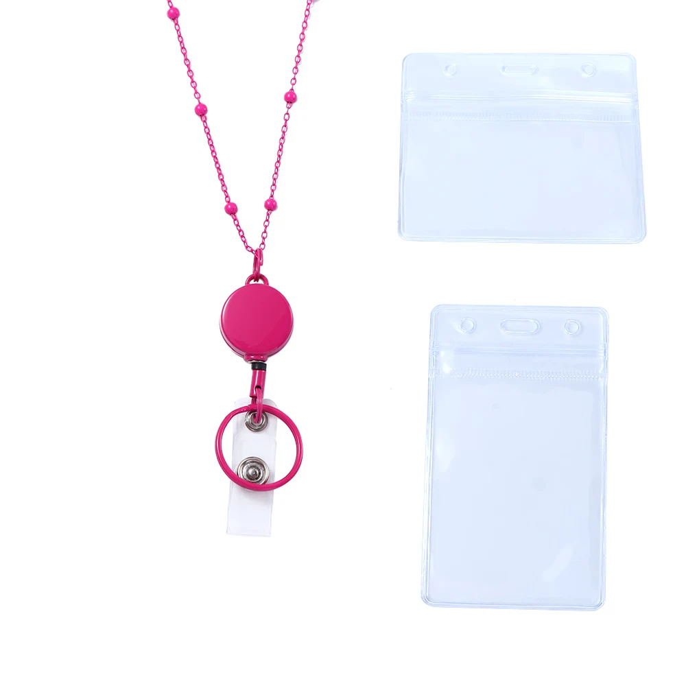 

Name Card Keychain Waterproof Badge Holder Necklace DIY Beaded Lanyard with ID Card Holders Retractable Badge Reel Lanyard