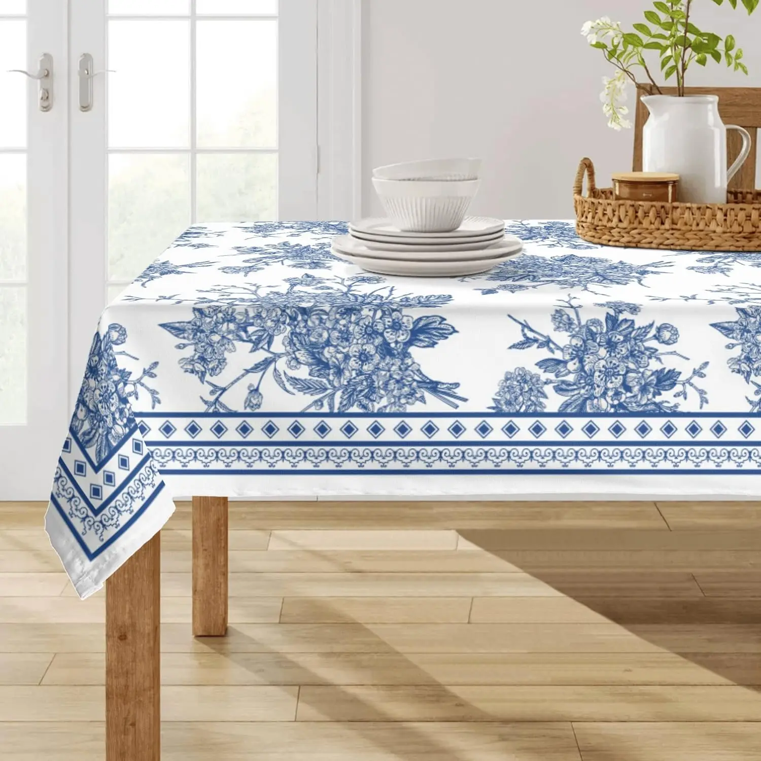 Toalhas de mesa de poliéster azuis com estampa floral, laváveis, resistentes, para sala de jantar, piquenique ao ar livre, cozinha, mesa de jantar.