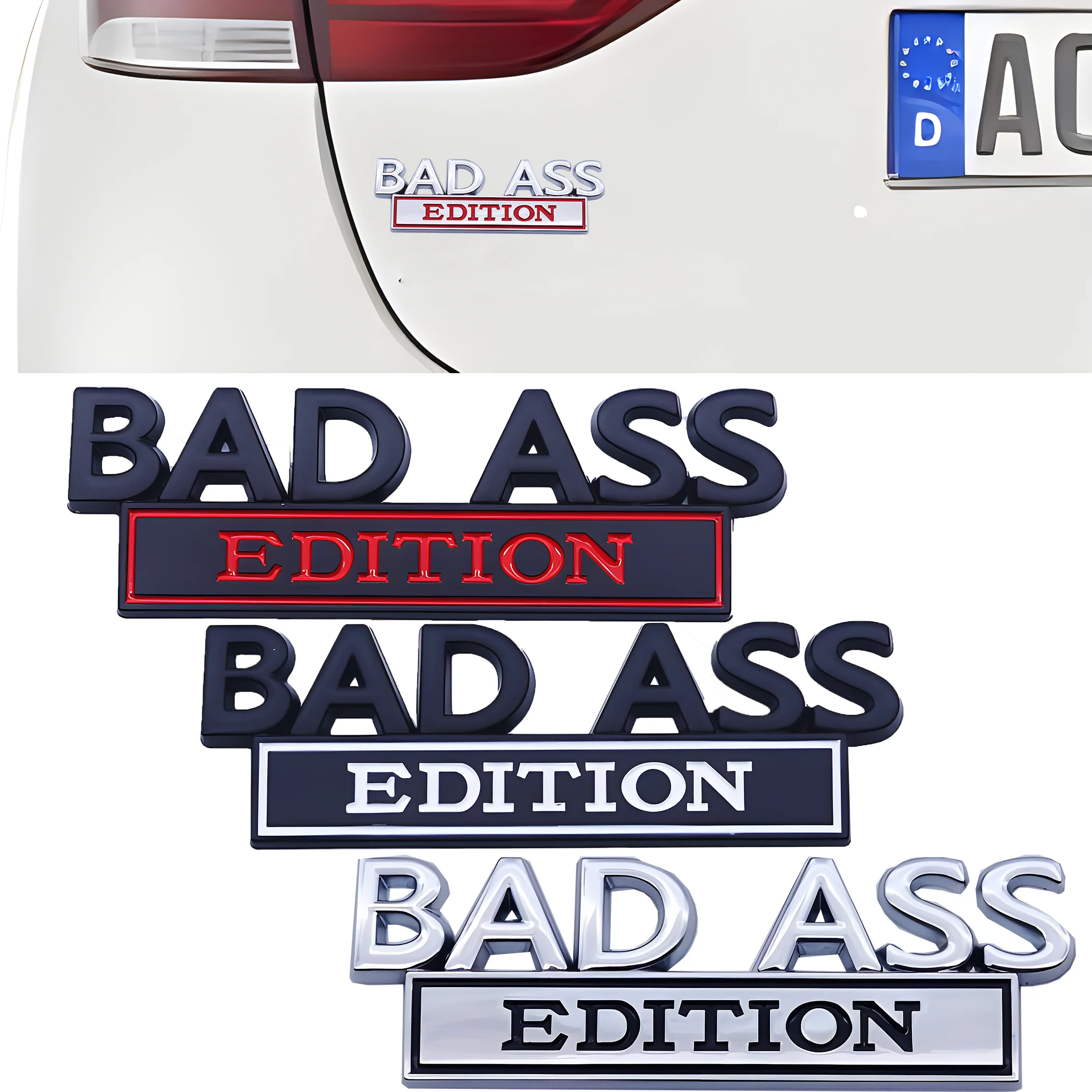 2PC BAD ASS Edition Metal Car Stickers Applicable to Car Fender, Bumper, Rear Window Full Body Outline BAD ASS Logo Metal Badge