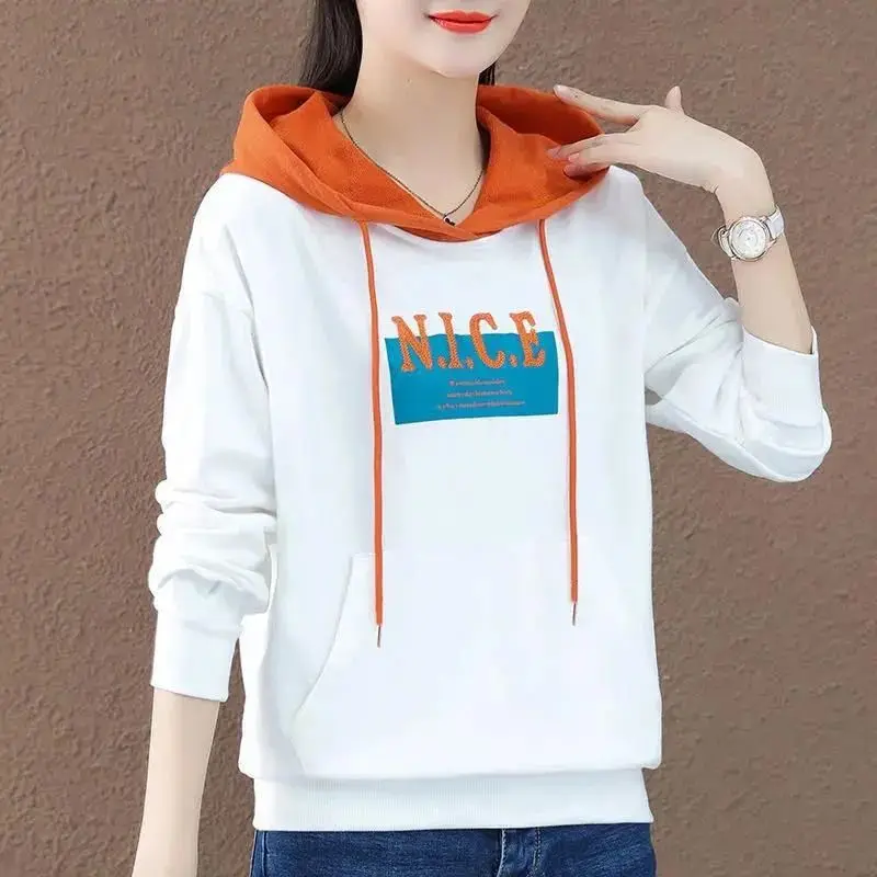 

INS Best-Selling Sweatshirt Women's Hooded Thin 2022 Autumn New Fashion Printing Color Contrast Bottoming Shirt Loose Top