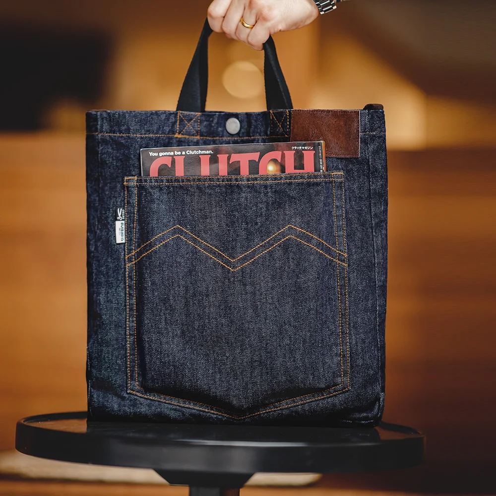 Maden Unisex Retro 14oz Denim Bags Single Shoulder Crossbody Bags Embroidered Versatile Hand-held Tote Large Capacity Bags