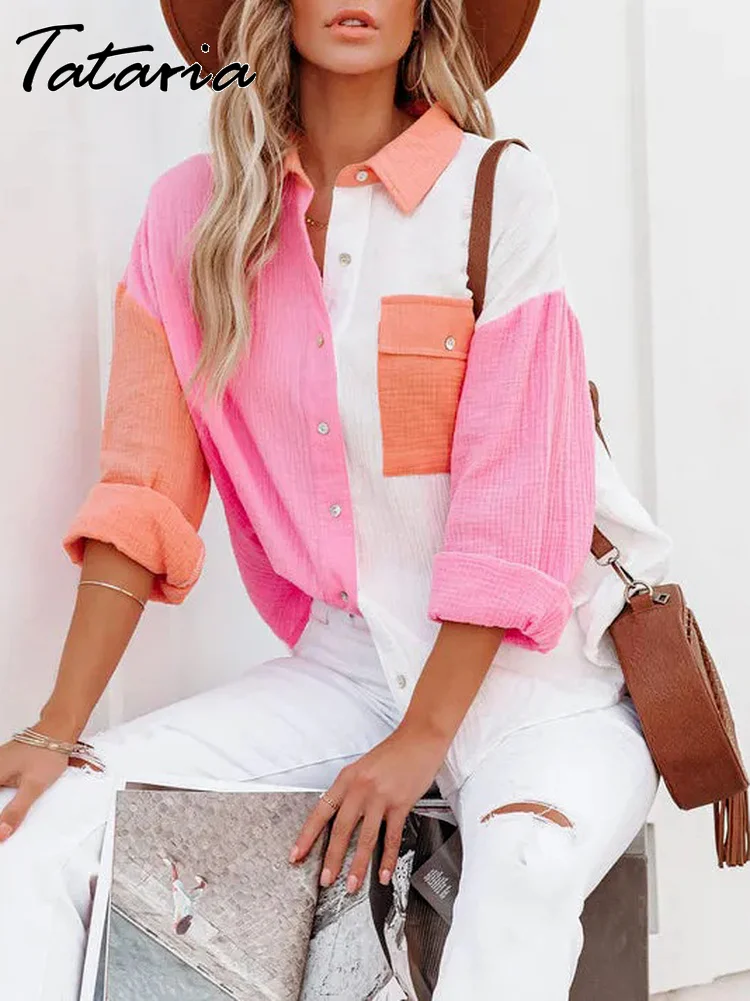 

Beautiful Women's Blouses Oversize Summer Long Sleeve Pocket Shirt Girl Colour Block Patchwork Top Trends New 2023 for Women