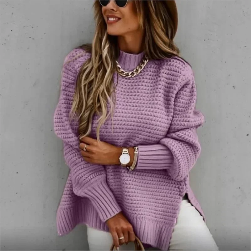 Knit Sweaters Women Half High Collar Full Sleeve Thick Splice Jumpers Solid Casual Split Pullovers Office Lady Elegant 2024