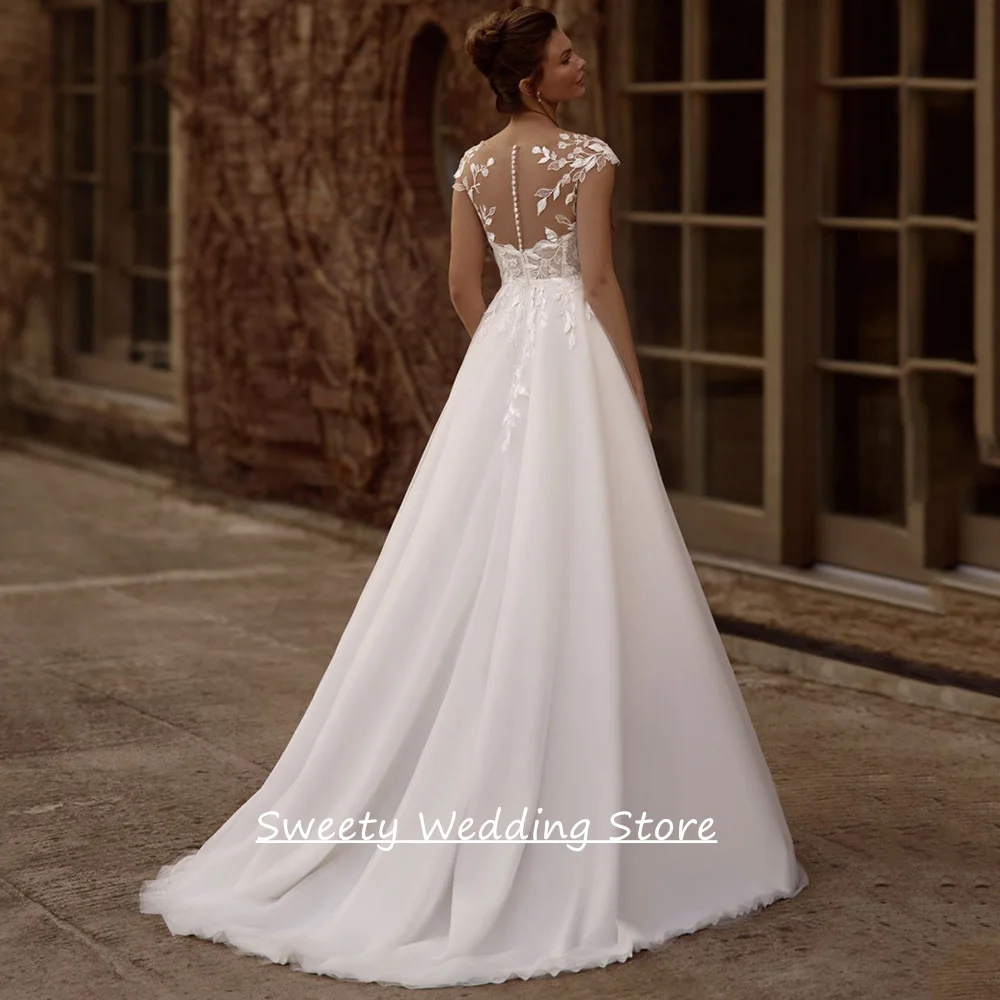 Cheap Wedding Dress for Bride Customized Cap Sleeve Round Neck See Through Lace Applique Slit Soft Tulle A Line Bridal Gown