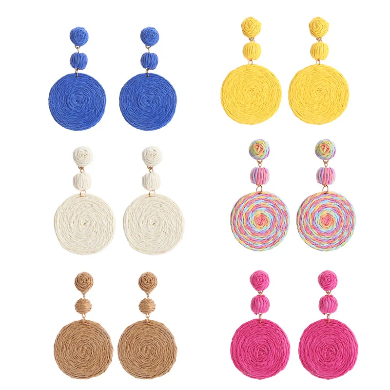 Summer Beach Bohemia Round Raffia Earrings For Women Boho Handmade Rattan Weave Drop Dangle Earrings Holiday Style