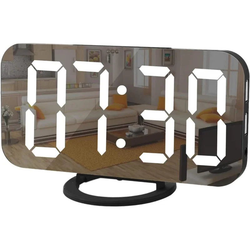 

Digital Clock Large Display, LED Alarm Electric Clocks Mirror Surface for Makeup with Diming Mode, 3 Levels Brightness, Dual USB