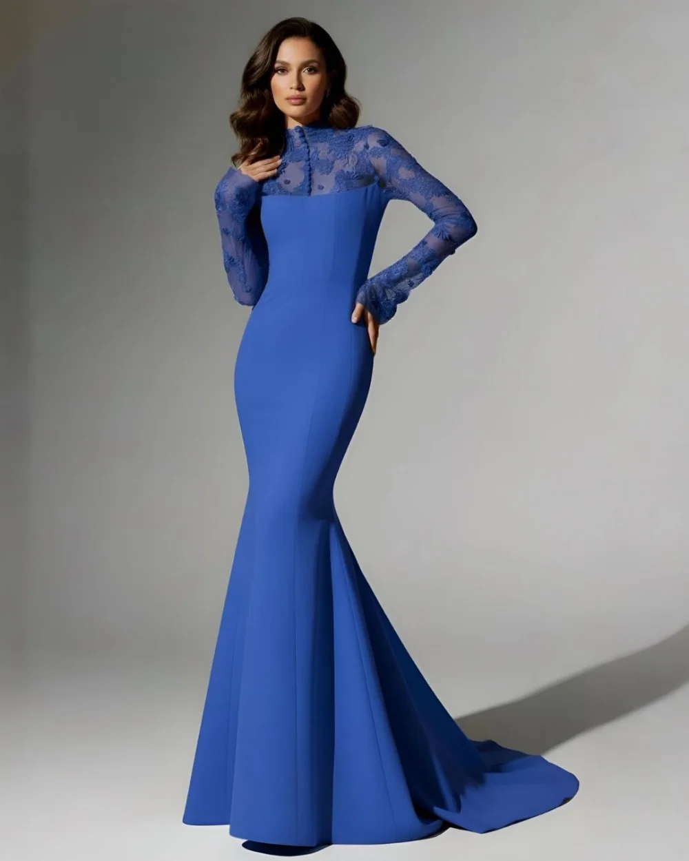 

Customized Matching Exquisite Jersey Pleat Lace Button Mermaid High Collar Long Dresses Evening Dresses Sizes Available Fashion