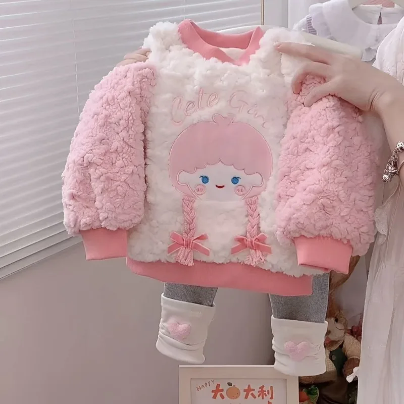 

Kawaii Sanrio Cute Fleece Hoodie Children PomPomPurin Lamb Wool Keep Warm Set Pants Christmas Birthday Present for Girls