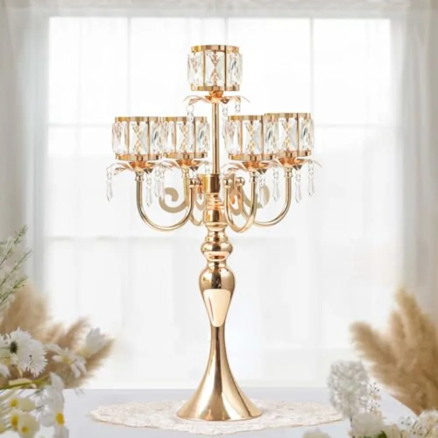 PC 5-Arm Crystal Pendant Metal Candle Holder with Square Crystal Bowl, -Inch Tall Wedding Table Centerpiece for Holiday Party E