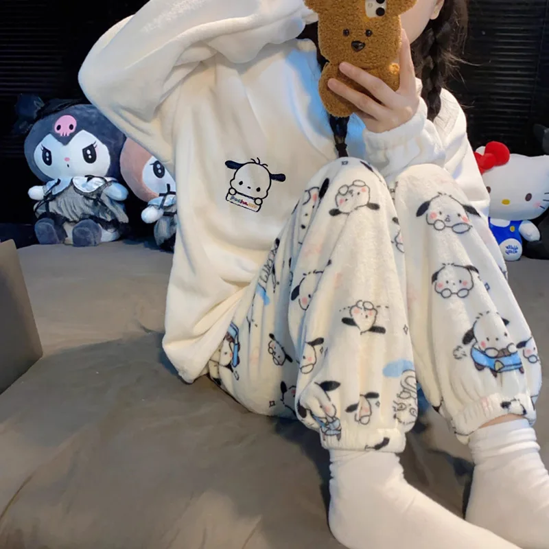 Kawaii Pochacco الكرتون أنيمي الخريف النساء أفخم منامة مجموعة Sanrios فضفاض المرجان الصوف الدافئة Homewear الفتيات طالب نوم #6