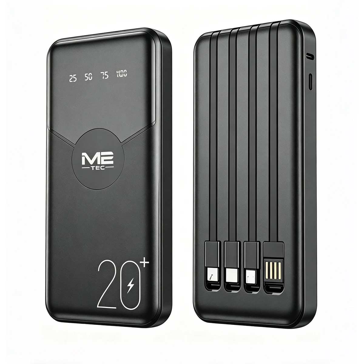 Powerbank mit 20000 mAh, 4 integrierten Kabeln, 20-W-Schnellladefunktion, USB-C-Ein- und -Ausgang, externer Akku für Mobiltelefone wie iPhone, Samsung und weitere.
