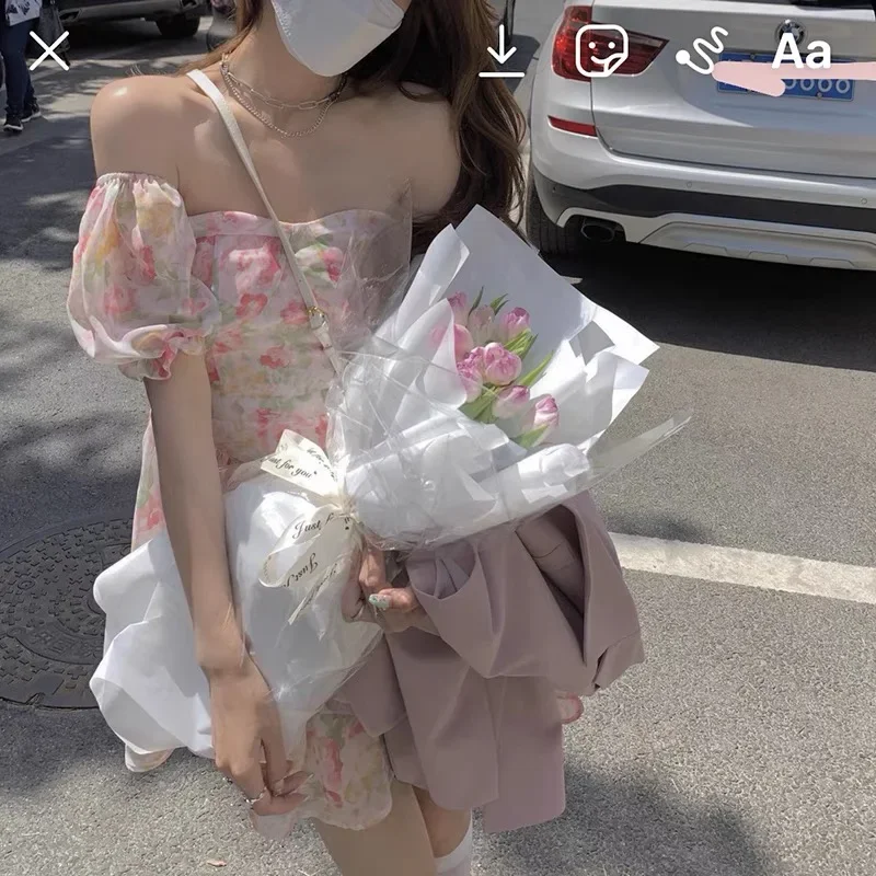 Vestido De gasa para Mujer, Vestidos De Mujer 2023, cintura delgada, dulce Floral, elegante bata De verano para Mujer, Vestidos De manga abombada con cuello cuadrado