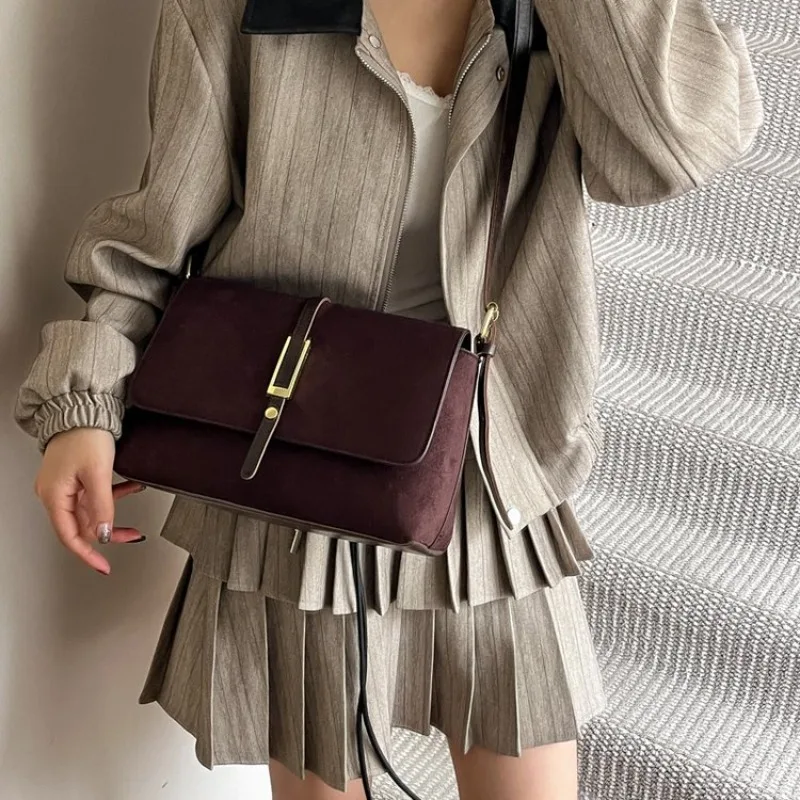 Women's Dark Brown Faux Suede Flap Crossbody Bag with Gold Buckle, Casual Style for Daily Errands & Weekend Outings Hand Bag