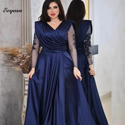 Customized Evening Dresses Stretch Satin Long Sleeve V Neck Prom Gowns Arabic Women Formal Party Occasion فساتين سهرة فخمه