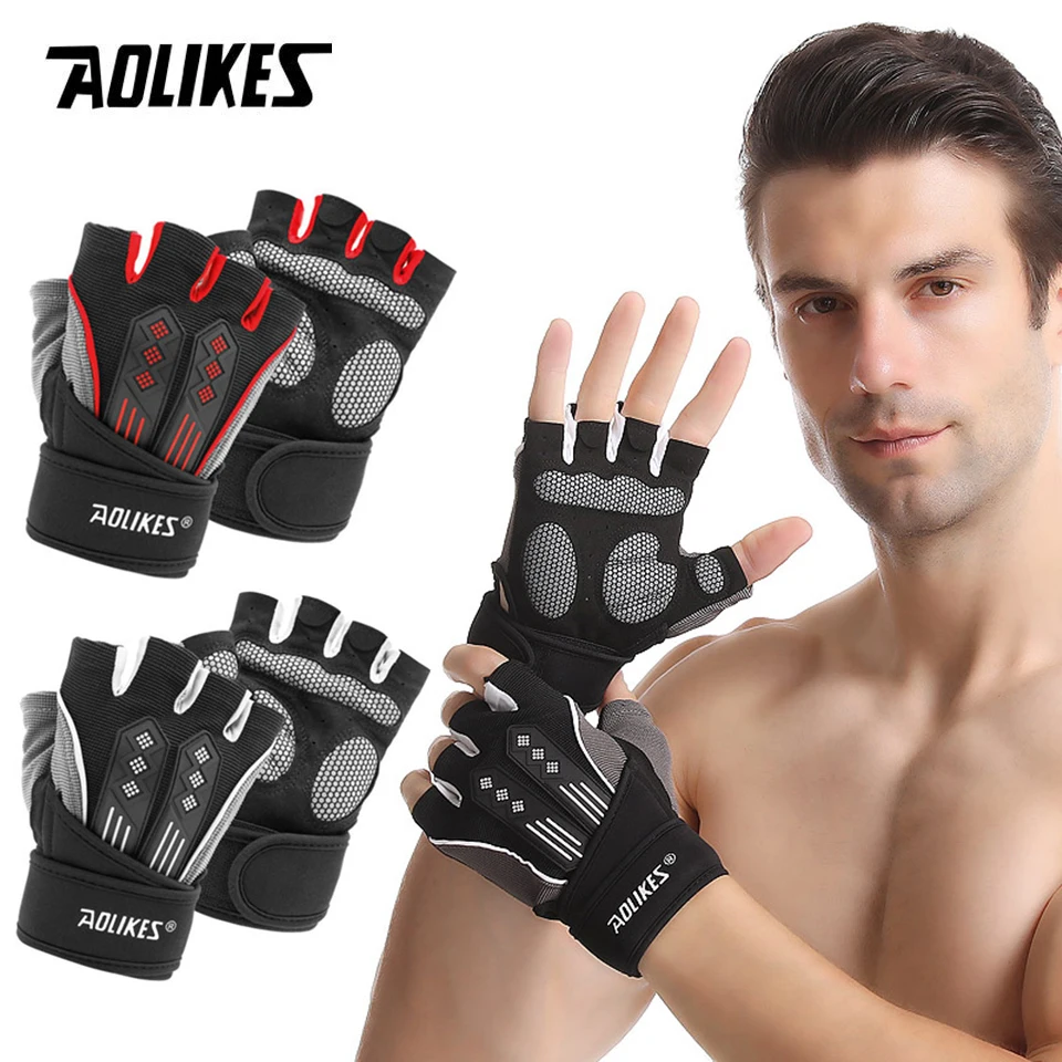 AOLIKES Shockproof Pad Cycling Gloves Half Finger Sport Gloves Men Women Summer Bicycle Gym Fitness Gloves MTB Bike Gloves