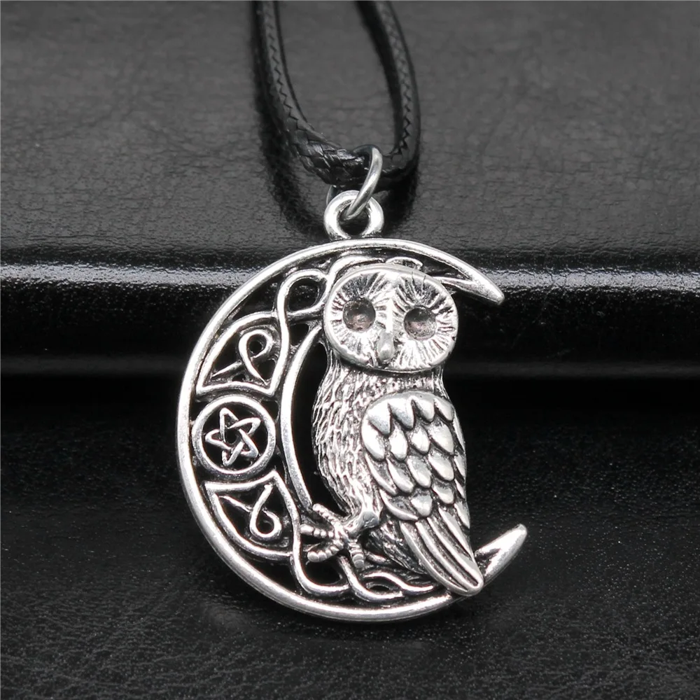 Dropshipping Antique Silver Color 26x33mm Viking Owl Pendant Faux Black Leather Rope Chain Necklace