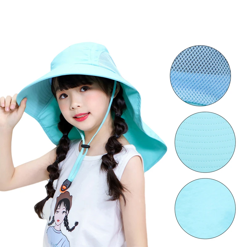 Summer Boys Girls Sun Bucket Hat with Shawl Mesh UV Protection Kids Fisherman Hat with Windproof Rope
