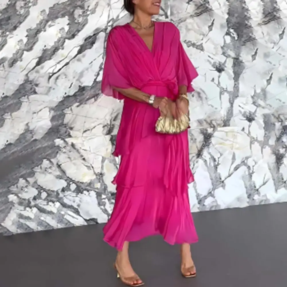 Vestido de casamento de chiffon fluido feminino plissado meia manga império cintura ruched envoltório vestido com decote em v em camadas vestidos de balanço roupa feminina