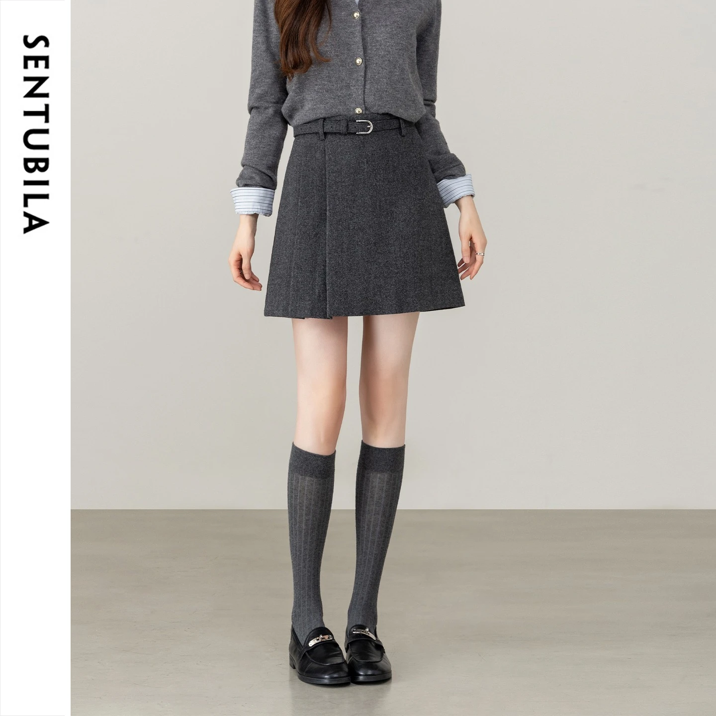 SENTUBILA Women's Mini Skirt High Waist Commute 2026 Autumn Winter Female Heather Gray A Line Skirt Removable Belt 164QA6751
