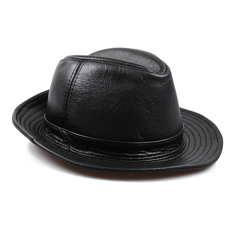 New 2024 Man High Quality Genuine Leather Cowhide Fedora Gentleman Cow Skin Short Brim Black/Brown Top Hat Male Shows