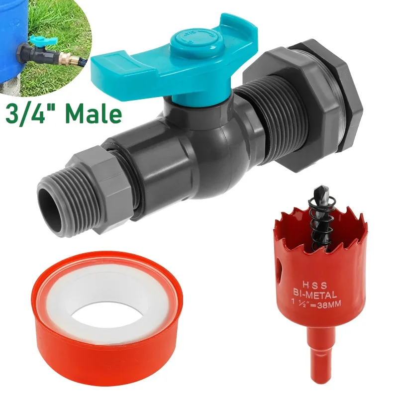 

Комплект патрубок для дождевой бочки с кольцевой пилой включает уплотнительную ленту с резьбой клапана и переходник с наружной резьбой для садового шланга для 3/4 дюйма Fe