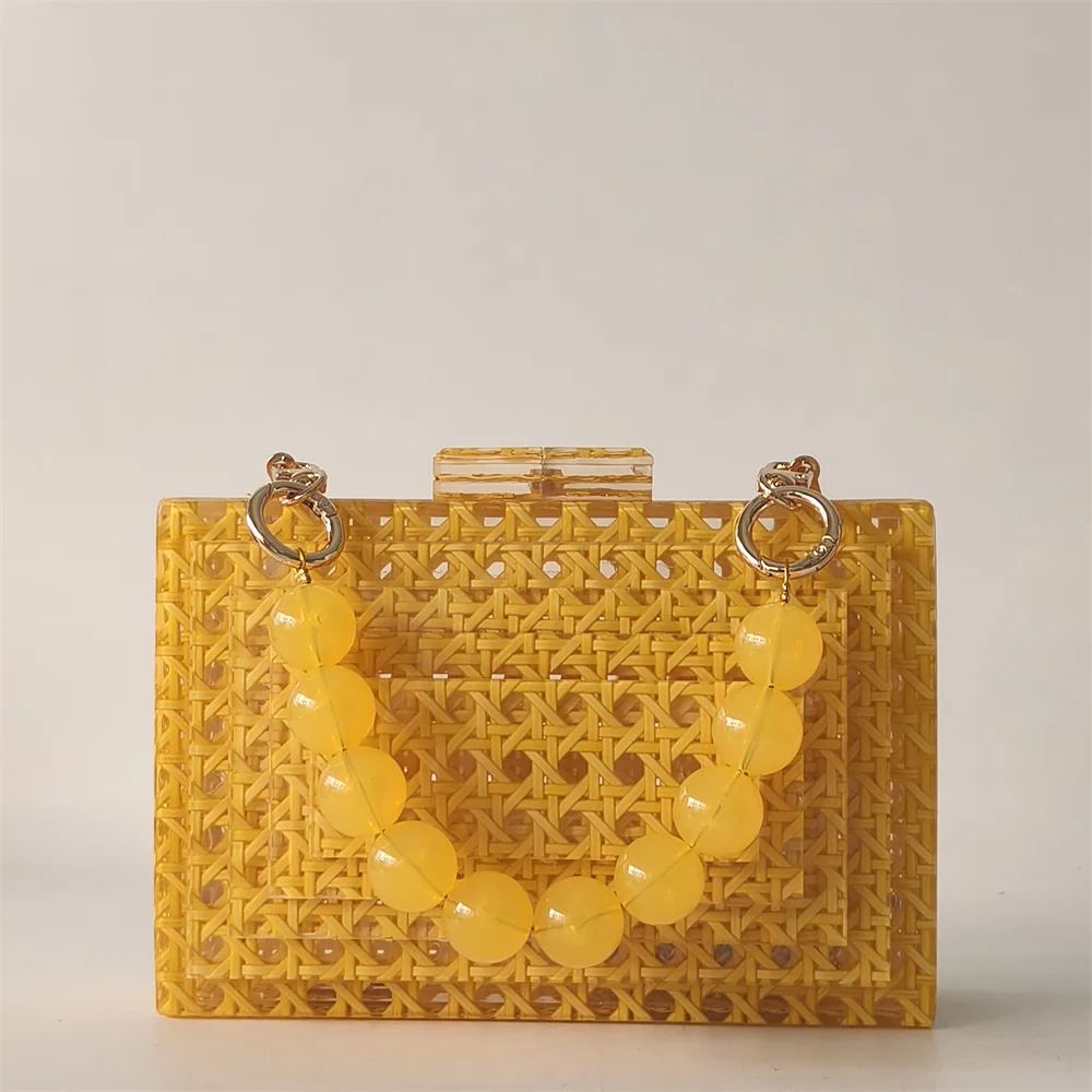 

Yellow Handmade Luxury Wedding Party Purse Summer Beach Lady Handbag Designer Women Acrylic Cane Bag Rattan Female Clutch Bag