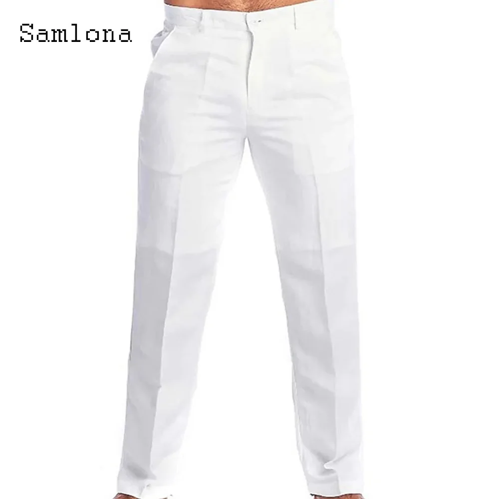 Pantalones de lino informales con bolsillo para hombre, ropa de calle elegante, color blanco y gris, talla grande 3xl, 2023