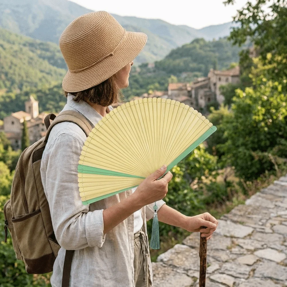 Ancient Style Bamboo Folding Fan Portable with Tassel Chinese Fan Exquisite Classical Hand Cranked Fan Wedding Party Decor