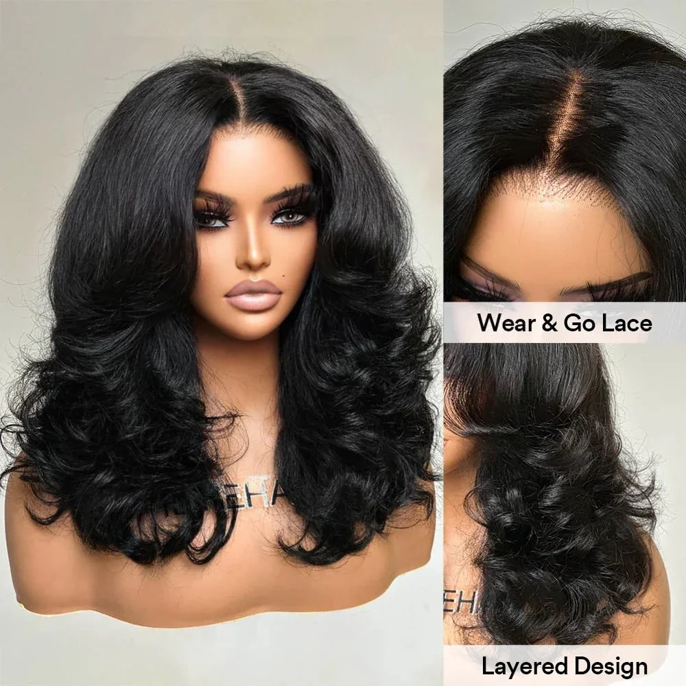

Glueless Layered Wavy Human Hair Wig Pre Cut Lace Closure Wig With Natural Curtain Bangs Pre Plucked Hairline Design For Black Women Ladies