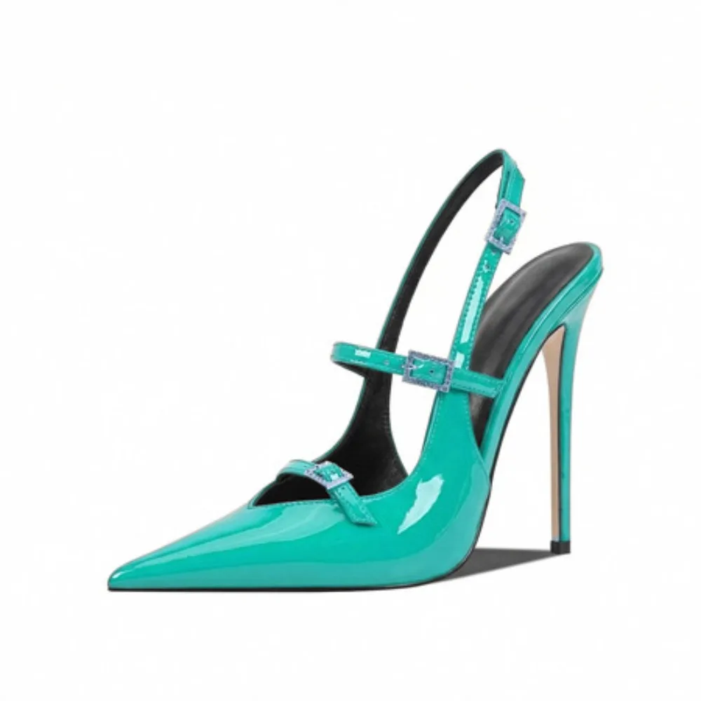 

New Patent Leather Women's Sandals Fashion Pointed Toe Thin Heels Closed-toe Rear Hollow Out Sexy Super High Heels Single Shoes
