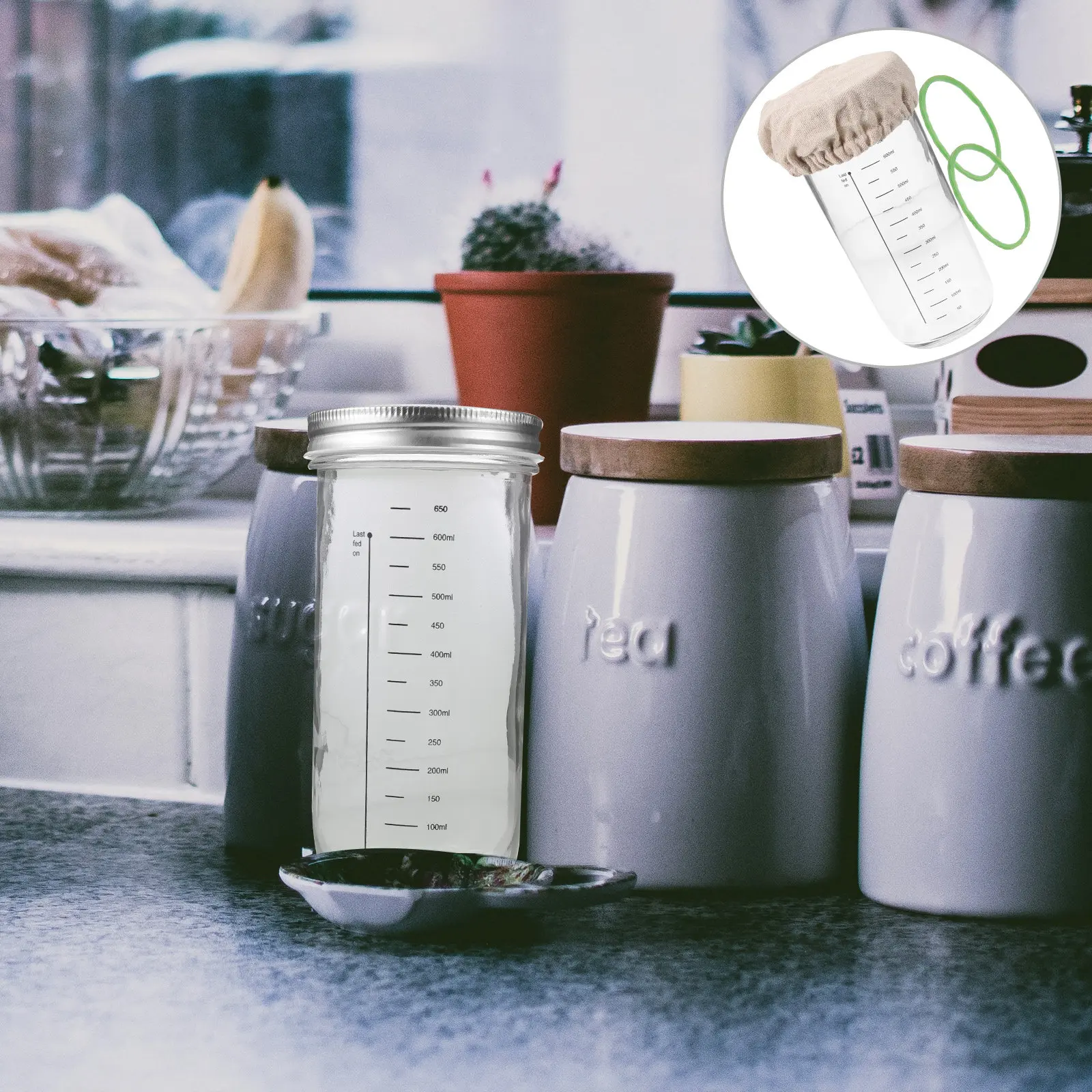 1 Set de Tarro de Vidrio para Fermentación de Masa Madre con Escala, Contenedor para Panificación, Fermentación de Levadura Natural y Almacenamiento en Cocina