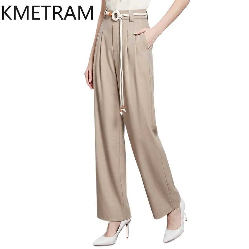 KMETRAM Wide Leg Pants for Woman High Waist Baggy Pants with Belt Casual Office Straight Trousers Summer Women Clothes 2026 바지
