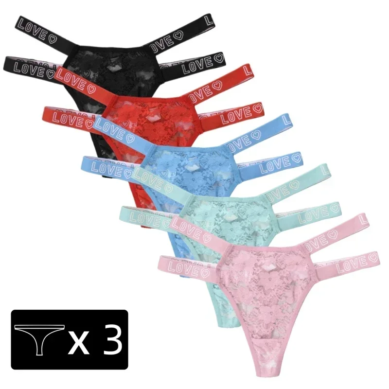 

3PCS New Lace Briefs Sexy Women Thong Hollow Out Panties Solid G-string Thin Belt Letter Underpants Breathable Lady Underwear