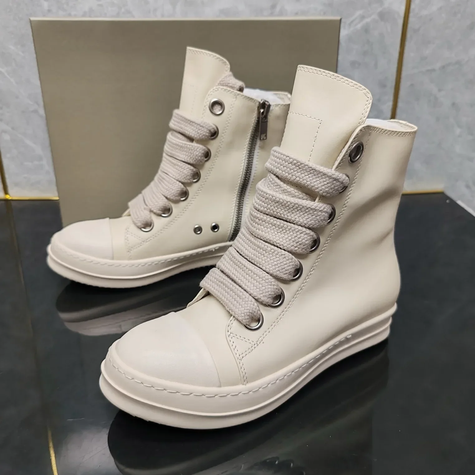

Top Quality NEW Ro White Cowhide High-top Zipper Men's Owens Pink Simple Personality Couple Shoes Natural Soft Side.