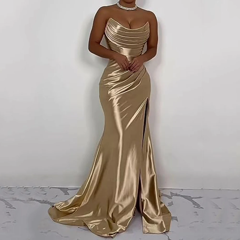 Vestido de noite sem alças simples para mulheres, vestido reto sem mangas, costas abertas, custom made, vestidos com zíper para casamento e evento, festa de banquete