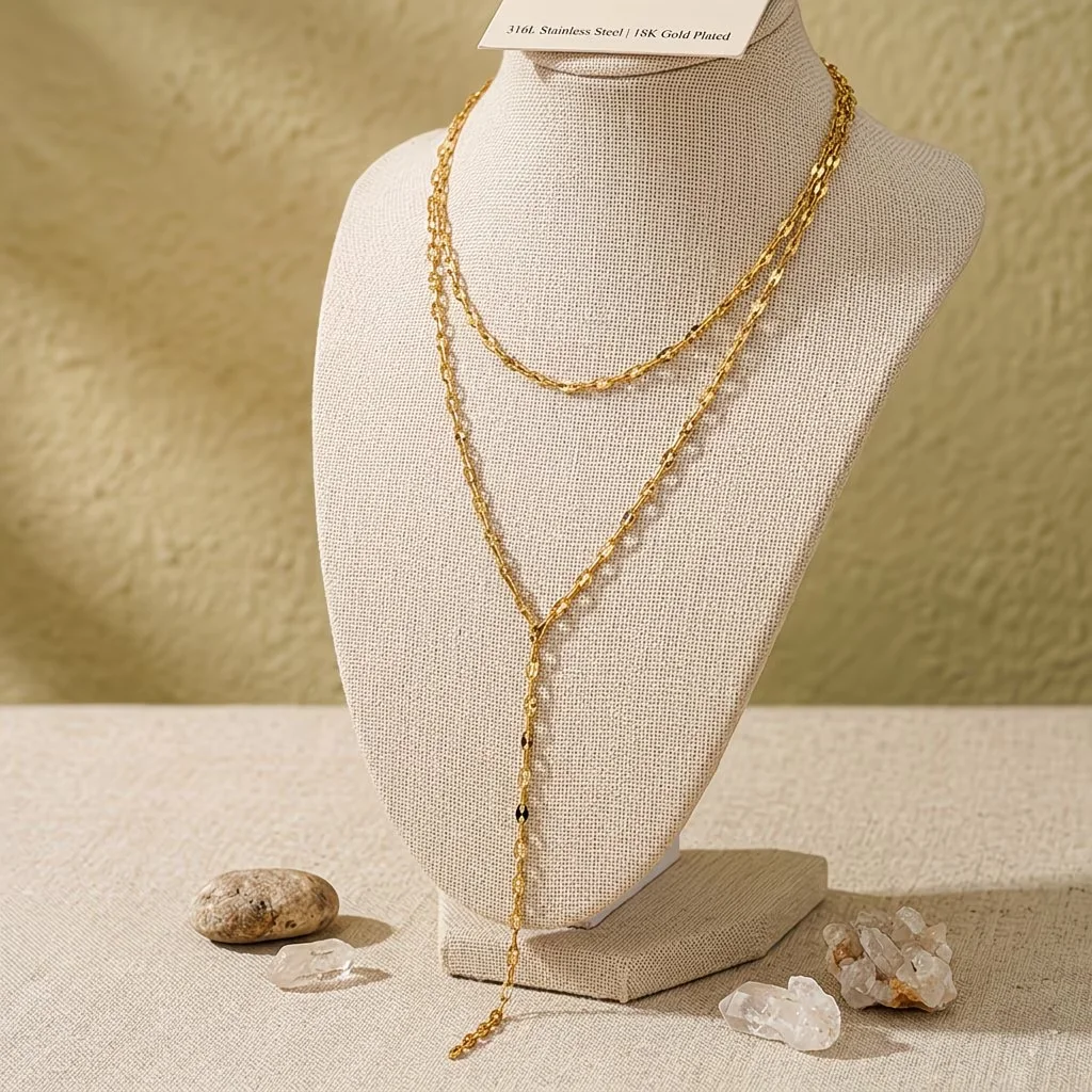 1pc Double Layer Y-shaped Lariat Necklace, 316L Stainless Steel Bright Cut Fish Lip Tassel Choker, Minimalist Daily Jewelry