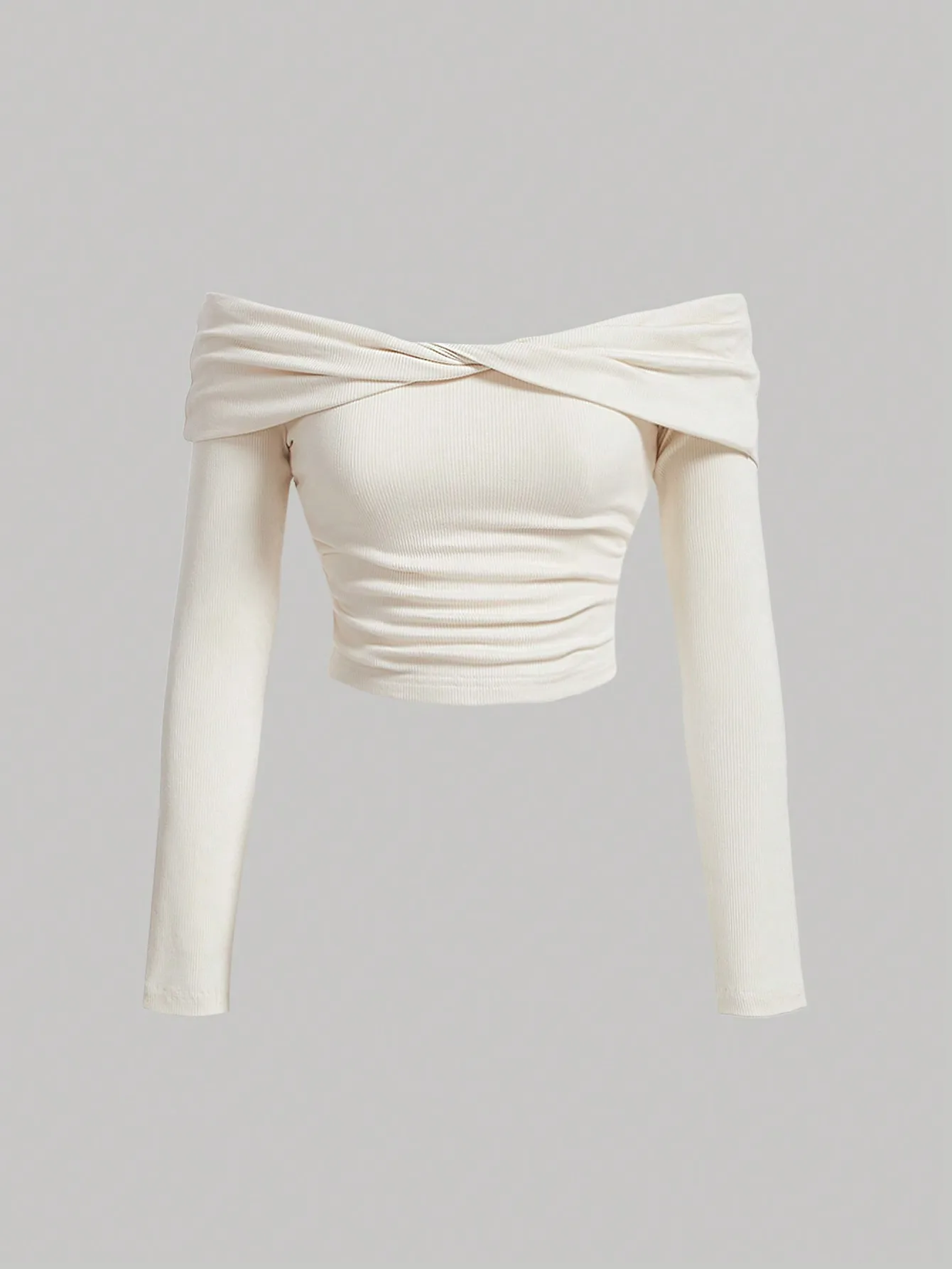

Women's Y2K Solid Color Off-Shoulder Long Sleeve Twist Knot Pleated Fashionable T-Shirt