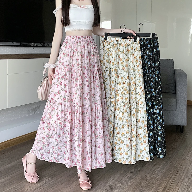 Jupe longue élastique taille haute pour femmes, Slim, de haute qualité, Style Prairie Chic, douce, grand ourlet, motif Floral, nouvelle collection printemps été 2025