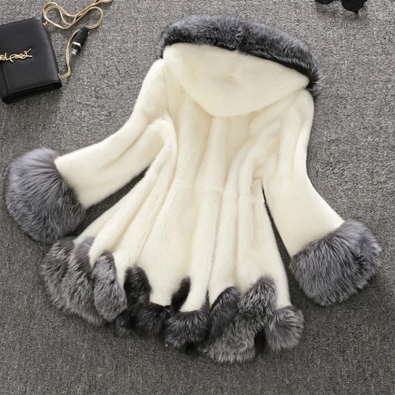 Faux Fur Coats Women Mid Length Hooded Jackets Coat Thick Warm Y2k Streetwear Elegant Open Stitch Outerwear Autumn Winter