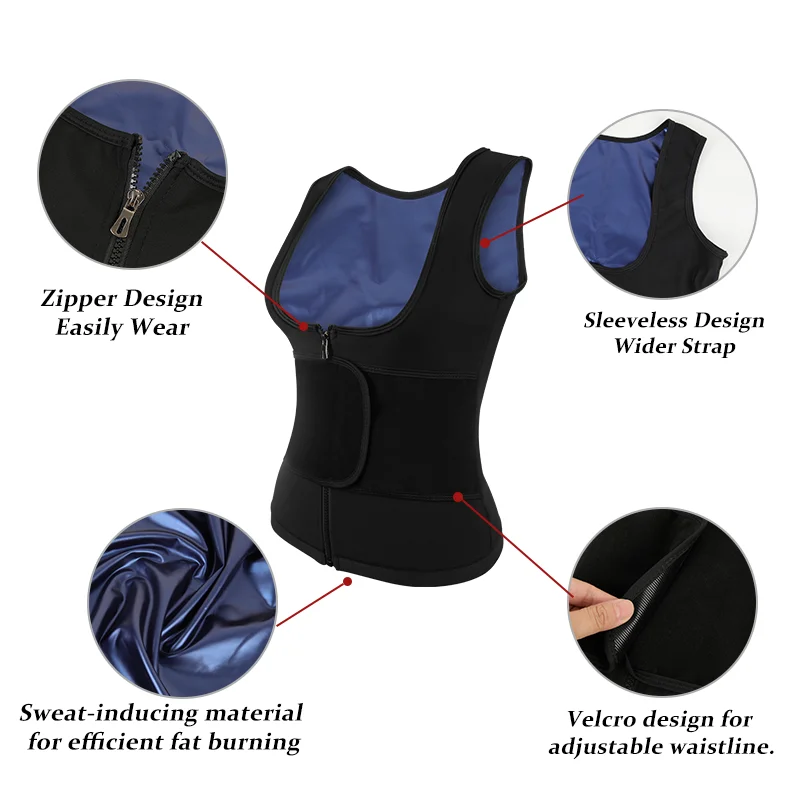 Women Sweat Sauna Body Shaper Underbust Shapewear Corset Waist Trainer Tank Top  Zipper Vest Workout Shirt Weight Loss Fitness