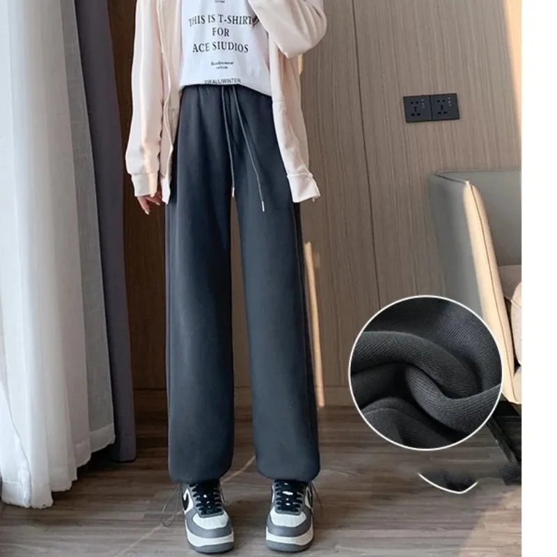 Women's Autumn Winter Solid Pockets Flocking Elastic High Waist Casual Loose Sports Wide Leg Trousers Fashion Office Lady Pants