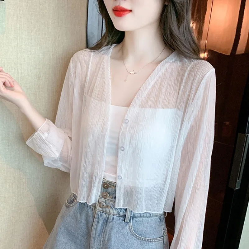 White Ice Silk Women's Summer Thin Chiffon Cardigan with Sling Skirt Outer Covering Small Shawl Short Jacket Sun Protection C...