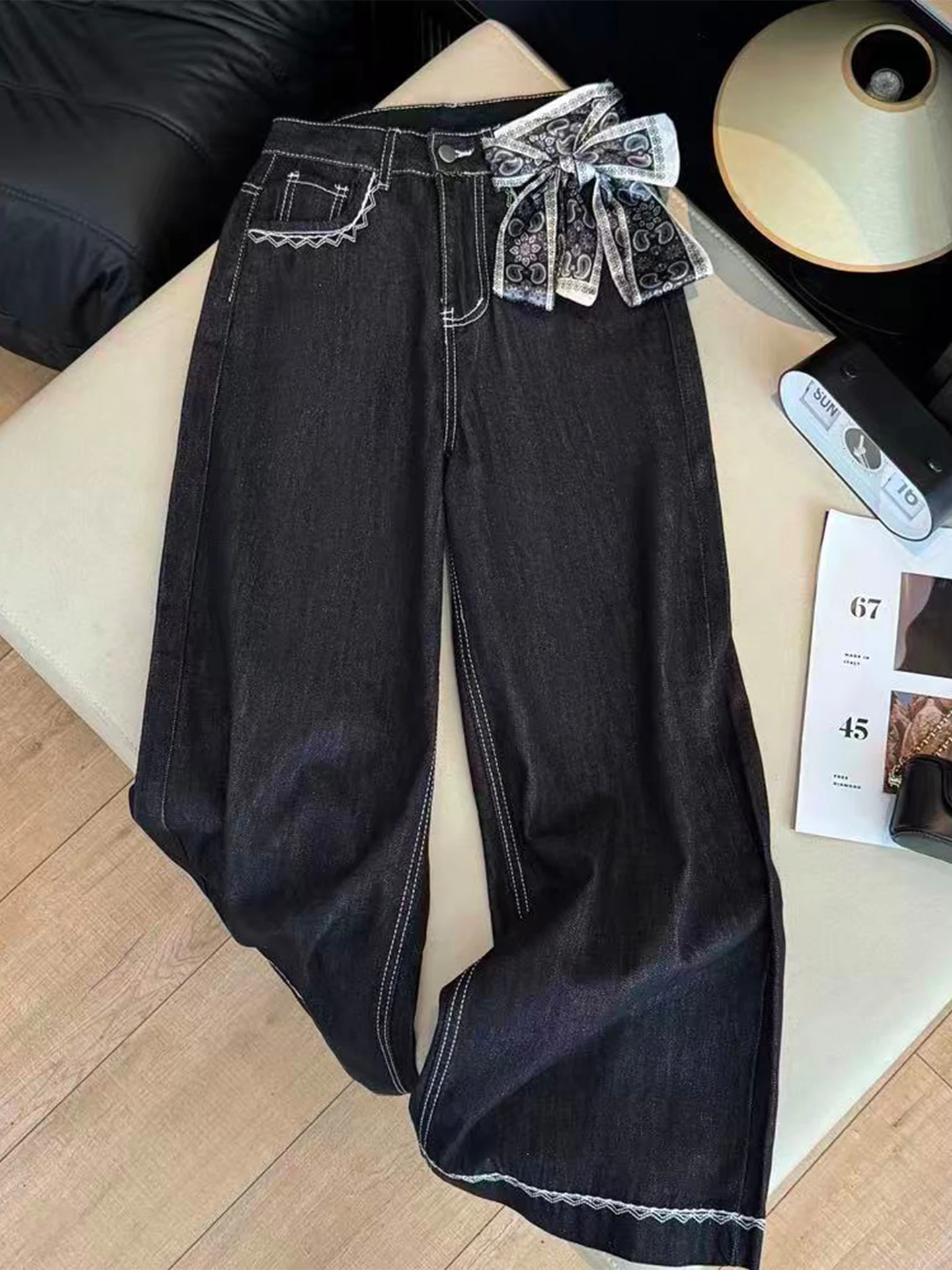 

Корейские джинсы с высокой талией и прямыми штанинами, женские свободные широкие брюки, винтажный шелковый шарф с вышивкой узлами