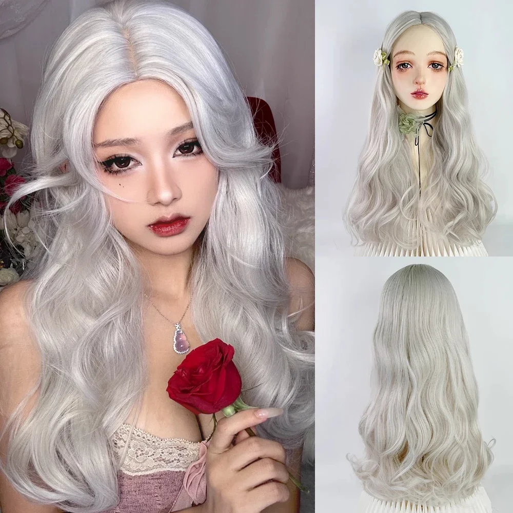 

Длинный волнистый синтетический серый белый парик, средняя часть, пушистый женский парик для косплея Лолиты, термостойкий для повседневной вечеринки