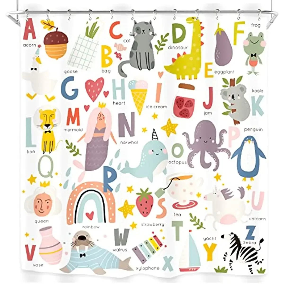 Kids Alphabet Shower Curtains For Bathroom Decor ABC Educational Learning Tool Baby Cartoon Animals Colorful Girls Boys Printed