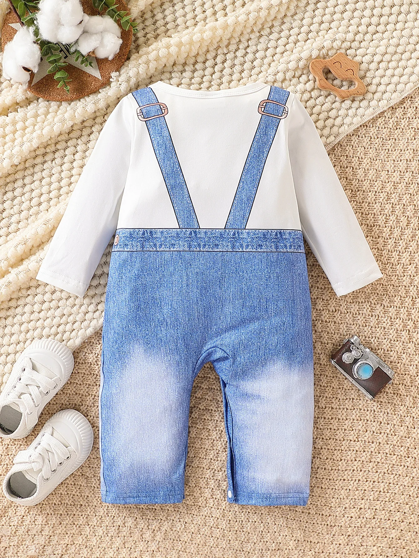 Cute Faux Overalls Printed Baby Boy Jumpsuit Long Sleeve Snap Bottom Bodysuit Soft Breathable Daily Home Wear Romper 1-18M